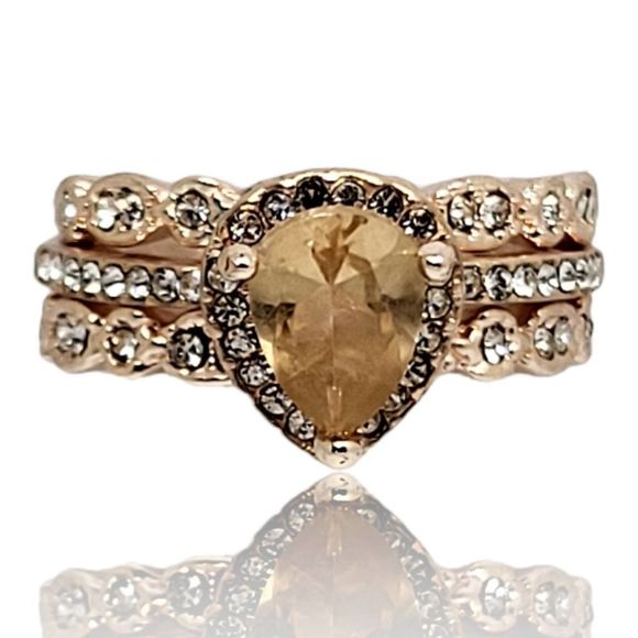 Three Ring Simulated Morganite Pear Round White Cubic Zirconia Ring Set - Picture 1 of 7